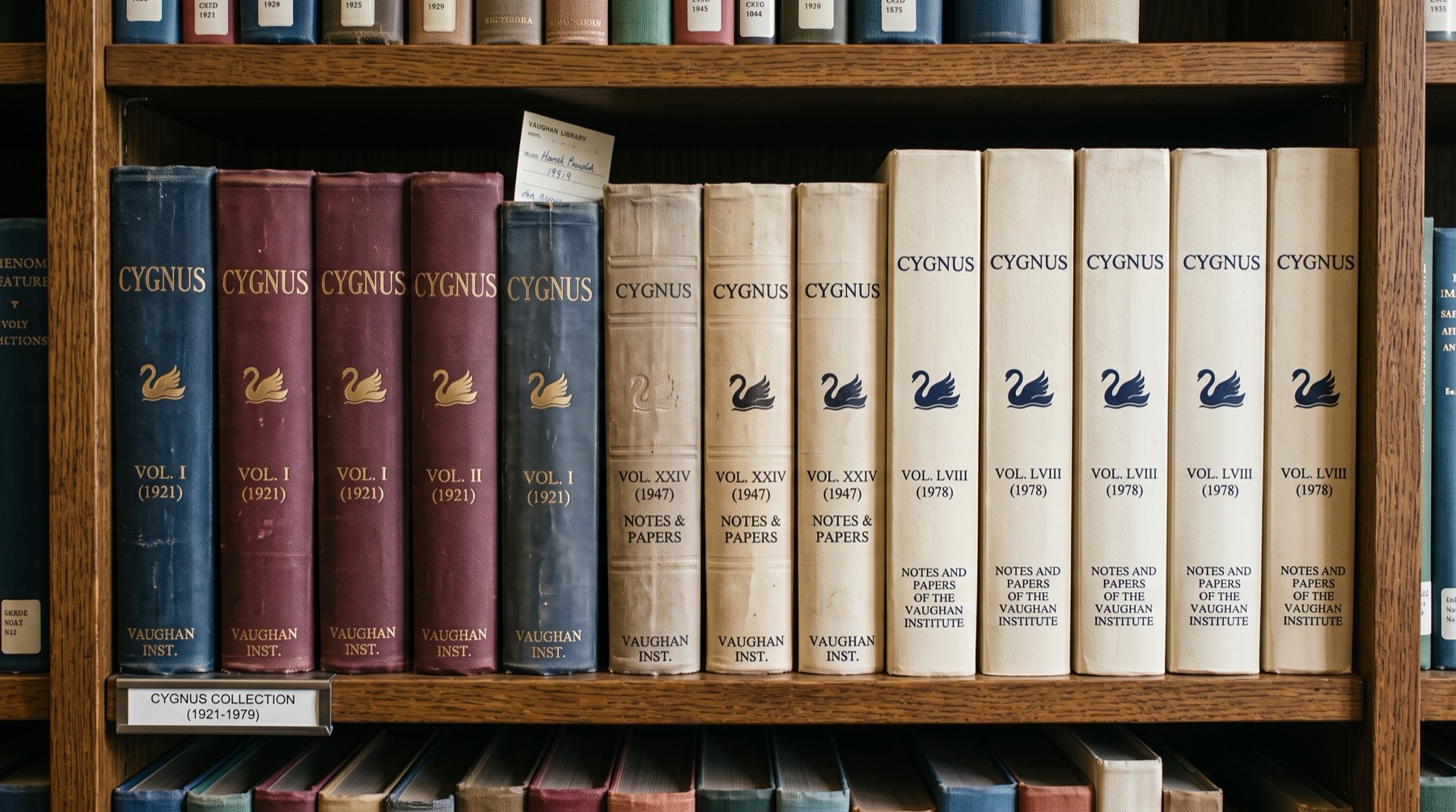 A library shelf of Cygnus volumes, 1921 to 1979, cloth and wrappered bindings each bearing the swan device, with a Vaughan Library slip tucked above one spine.