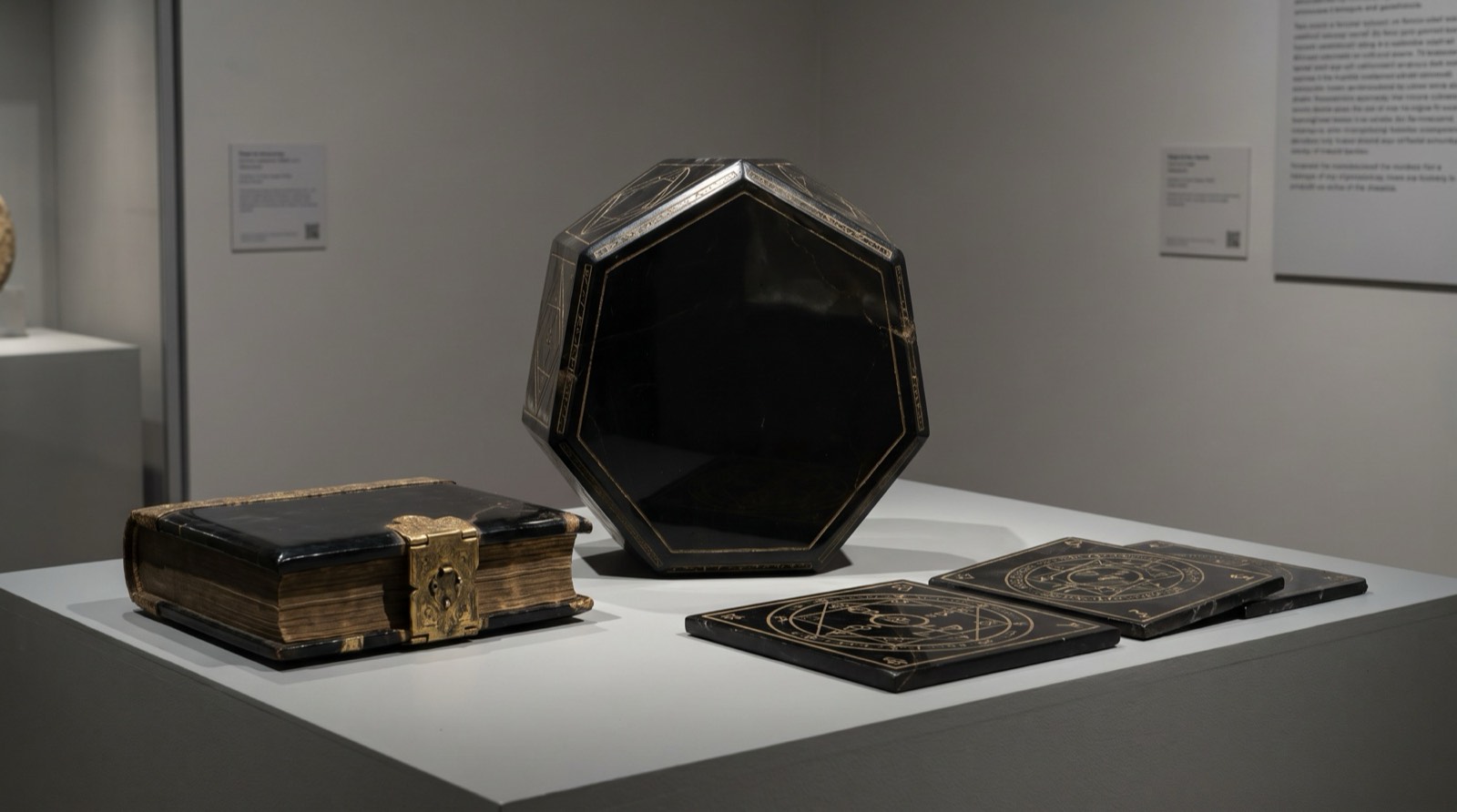 A museum case holding a black heptagonal vessel with gold-inlaid borders, a clasped blackened register, and two engraved stone tablets.