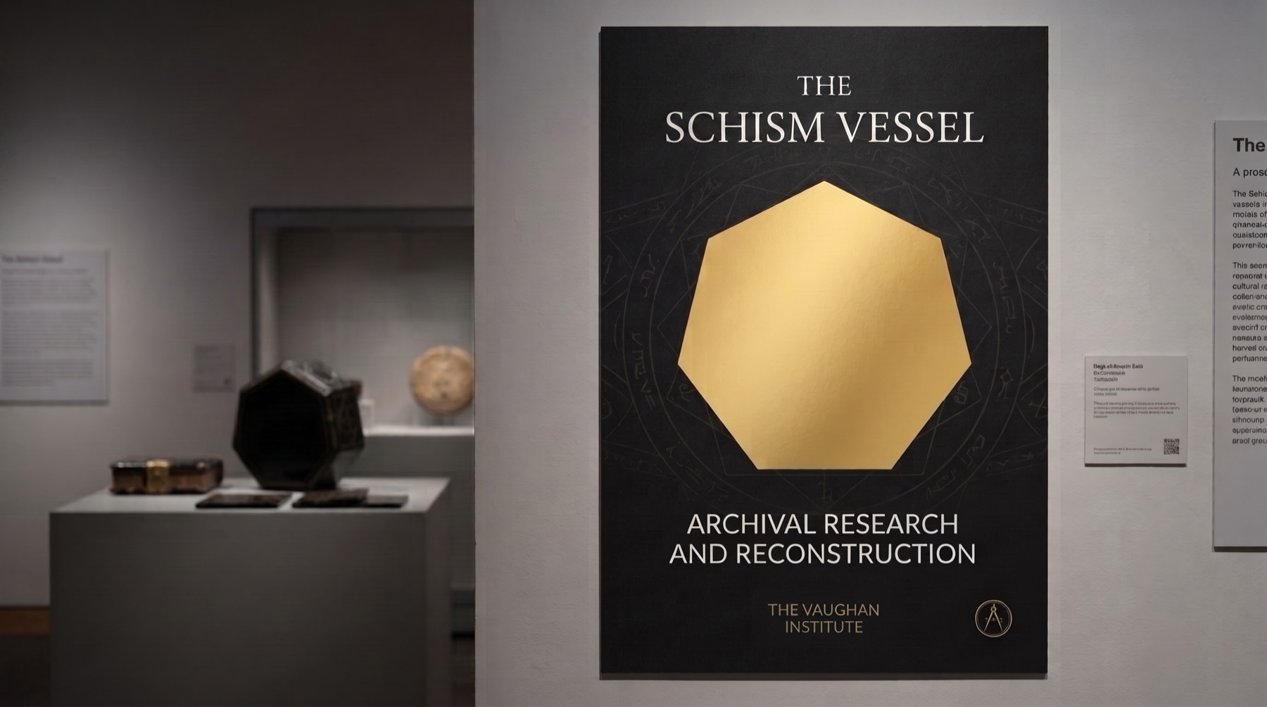 A gallery wall bearing the exhibition poster: a gold heptagon on black, titled The Schism Vessel — Archival Research and Reconstruction, The Vaughan Institute; the vessel itself on a pedestal beyond.