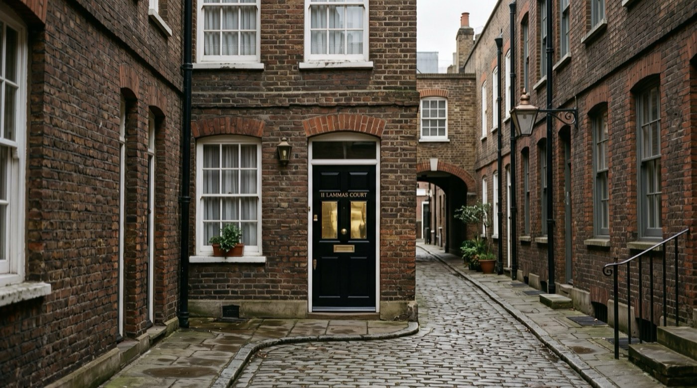 A narrow cobbled London court of brick houses; a black door with a brass plate reads 11 Lammas Court.