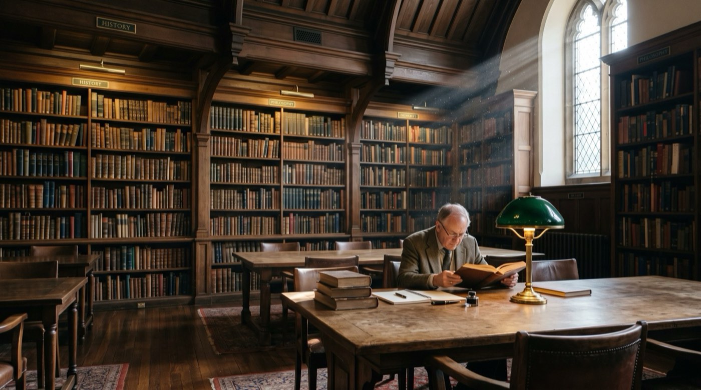 A wood-panelled reading room lined with books, a researcher working at a long table under a green-shaded lamp.