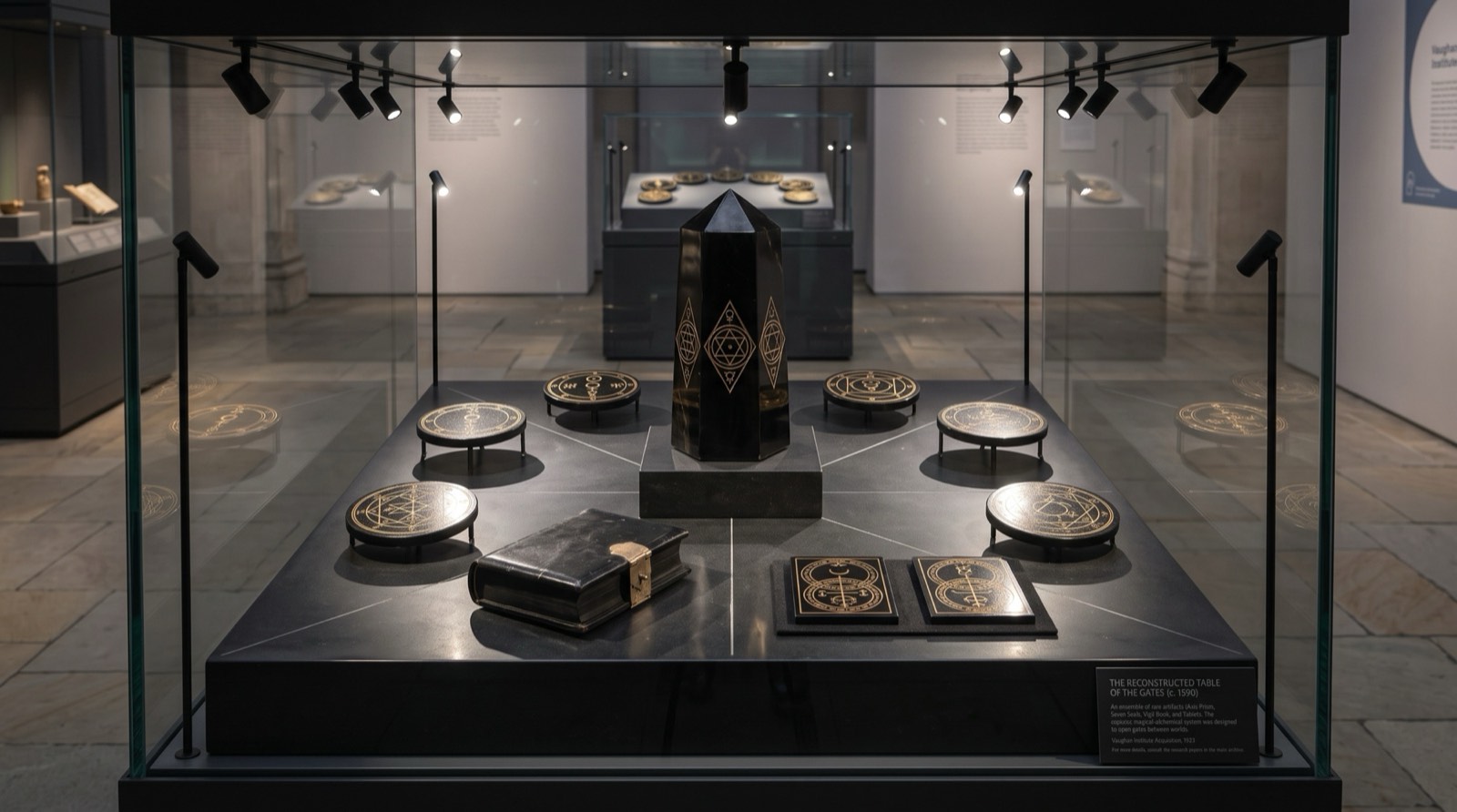 A reconstruction of the Table of the Gates: a faceted black prism at centre, surrounded by engraved stone discs and tablets, with the Vigil Book.