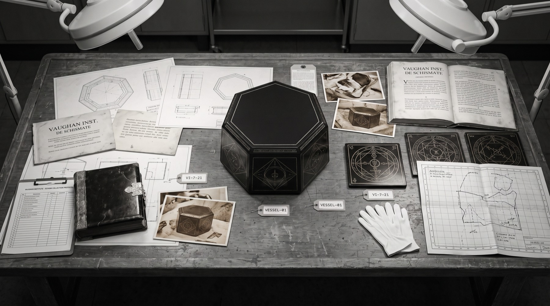 An examination table laid out with the vessel, its documentation, blueprints, sepia photographs, engraved discs, white gloves, and papers headed Vaughan Inst. de Schismate, under two examination lamps.
