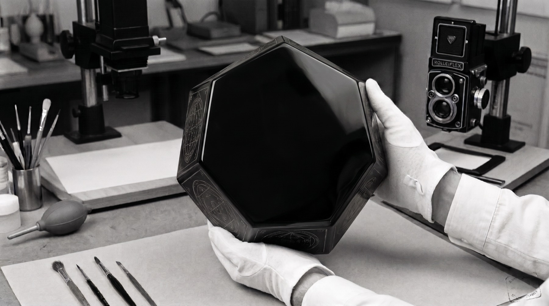 A conservator's gloved hands holding the ebonised heptagonal vessel above a workbench of brushes and blotting paper, a twin-lens camera mounted beyond.
