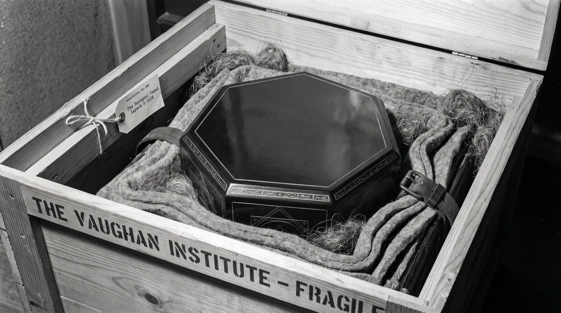 A black-and-white photograph of the ebonised heptagonal vessel packed in felt inside a wooden crate stencilled THE VAUGHAN INSTITUTE — FRAGILE, a tied paper tag naming the Heptagonal Vessel.