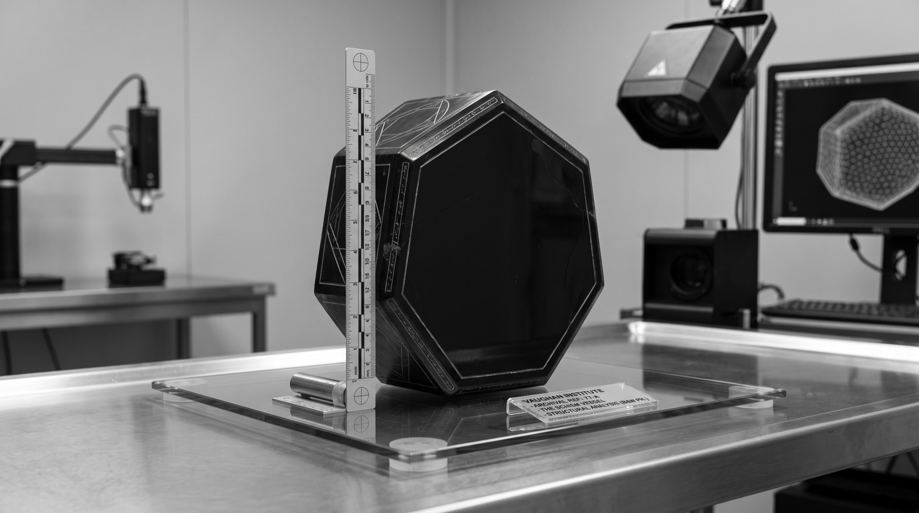 The vessel upright on a glass stage in a photographic laboratory, a measurement scale beside it, structured-light cameras trained on it and a wireframe model forming on a monitor beyond.
