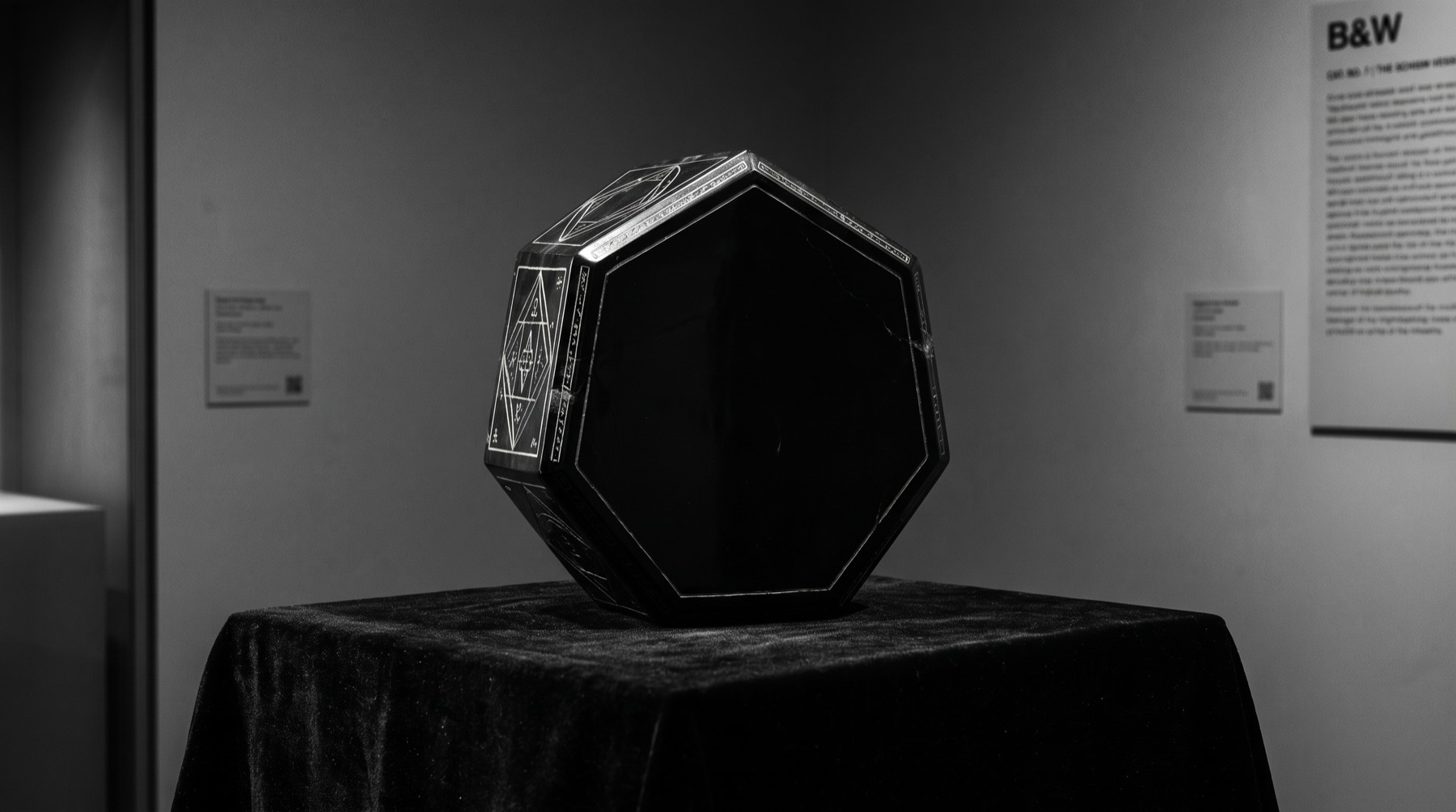 The ebonised heptagonal vessel on a black velvet plinth in a dim gallery, one engraved face catching the light, the large front face polished blank.