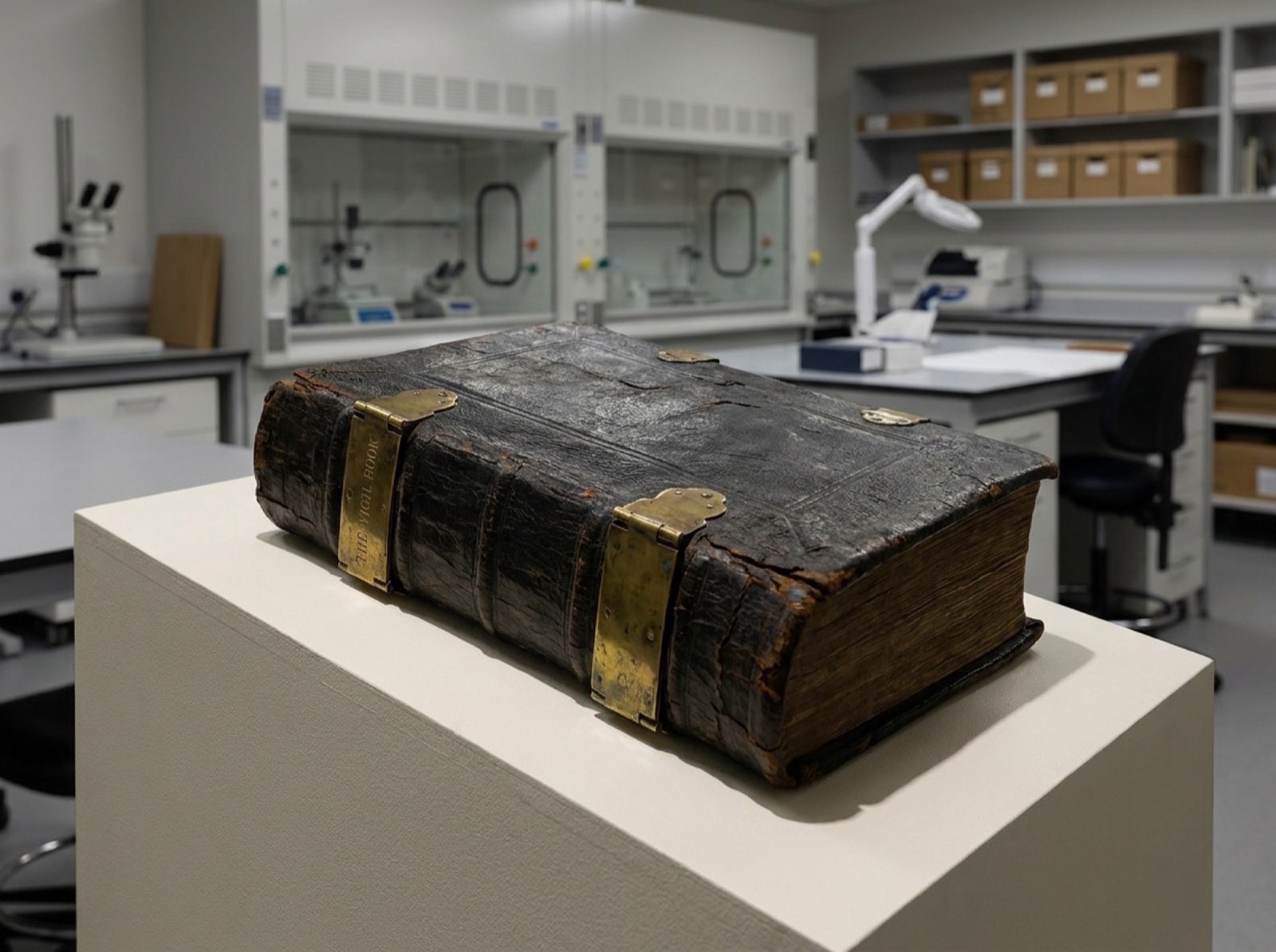 A thick blackened leather register with brass clasps, photographed on a plinth in the Institute's conservation room.
