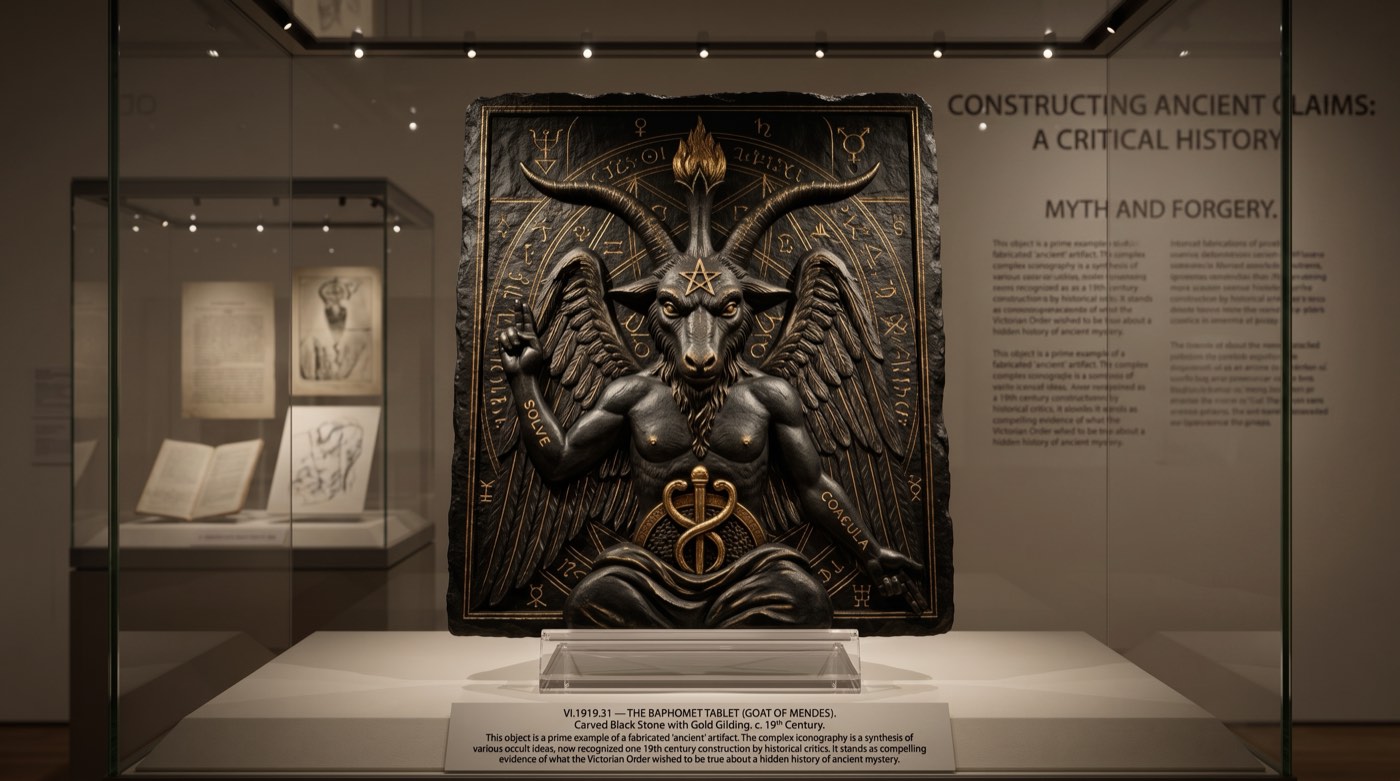 A black stone tablet carved in relief with a winged goat-headed figure, the arms lettered SOLVE and COAGULA, in a glass case before an exhibition wall reading Constructing Ancient Claims: A Critical History.