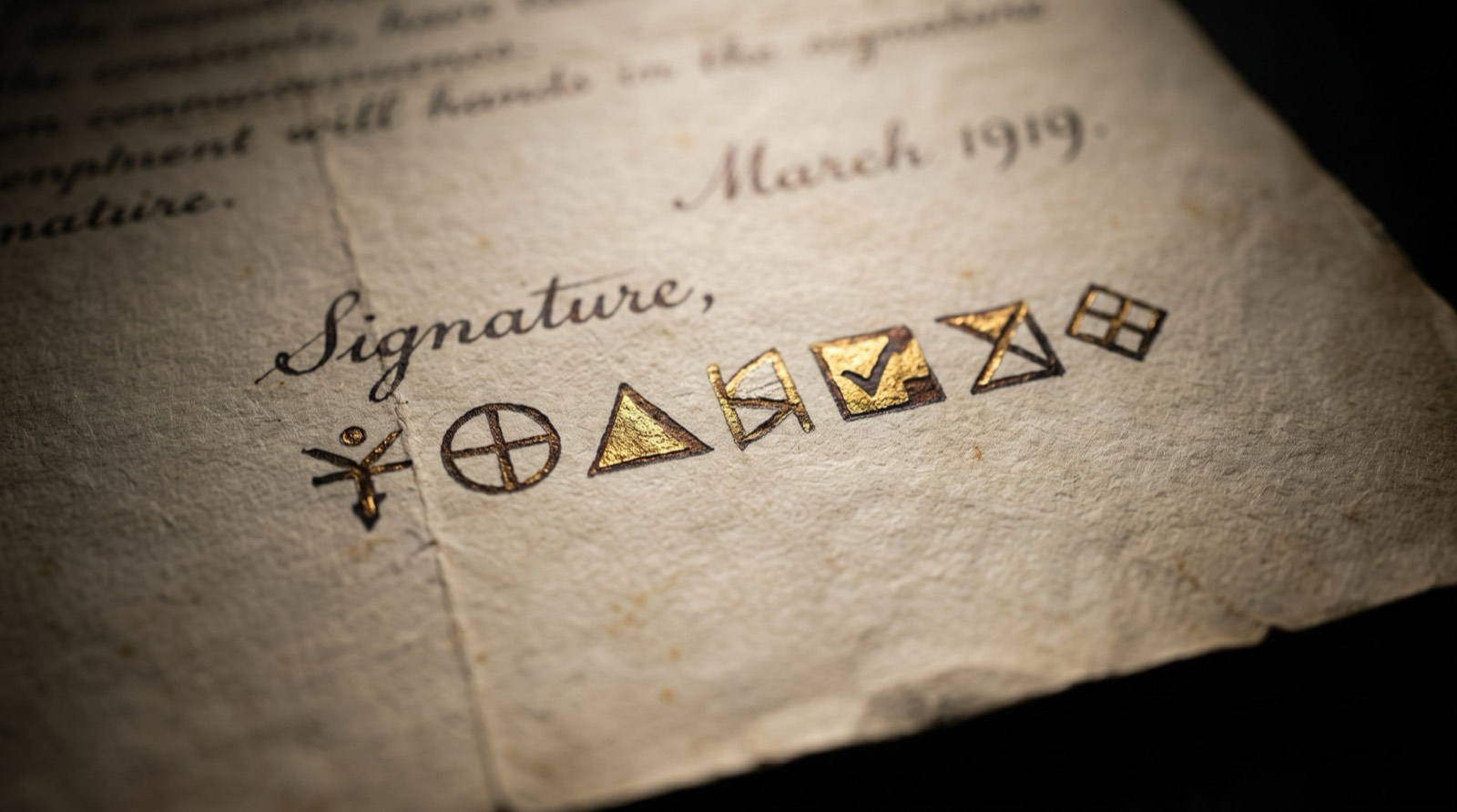 A raking-light detail of a 1919 manuscript: the word Signature in copperplate, followed by seven gilt cipher characters.
